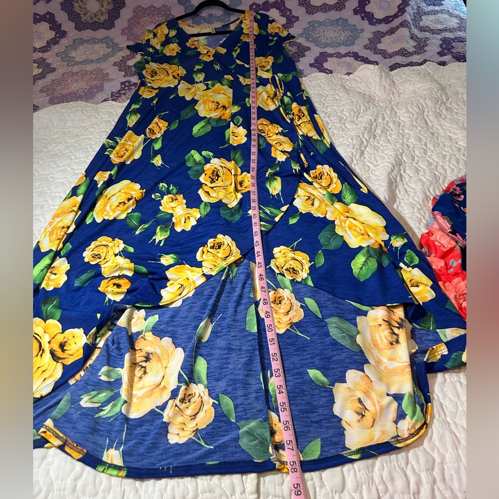 Floral Wrap Summer high low Dress in Blue with Yellow Flowers super comfy! - Picture 5 of 6